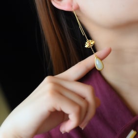 A Pair of Exquisite Sterling Silver-Gold Plated Inlaid White Jade Earrings