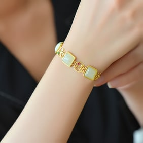 An Exquisite Sterling Silver-Gold Plated Inlaid White Jade Bracelet
