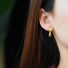 A Pair of Exquisite Sterling Silver-Gold Plated Inlaid White Jade Earrings