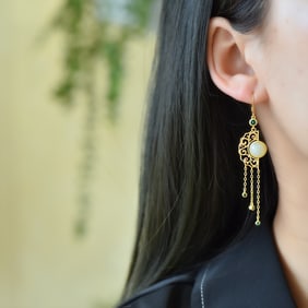 A Pair of Exquisite Sterling Silver-Gold Plated Inlaid White Jade Earrings