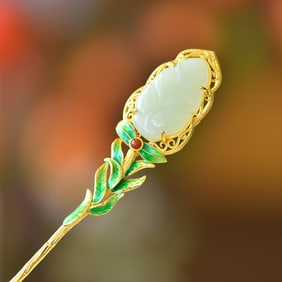 An Exquisite Sterling Silver-Gold Plated Inlaid White Jade Enamel Hairpin