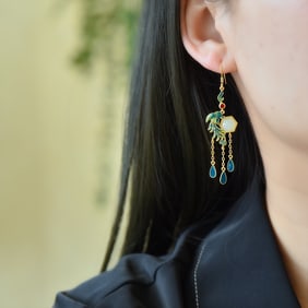 A Pair of Exquisite Sterling Silver-Gold Plated Inlaid White Jade Earrings