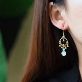 A Pair of Exquisite Sterling Silver-Gold Plated Inlaid White Jade Earrings