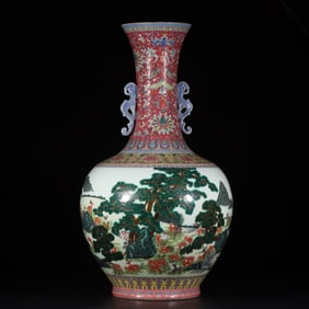 A Huge Famille-Rose Ruby Red-Glazed Pine and Deer Pattern Double-Ears Vase