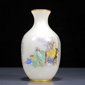 An Exquisite Glass Famille-Rose Character and Story Pattern Vase,with poem