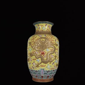 A Huge Famille-Rose Yellow Ground Carve Dragon Pattern Vase