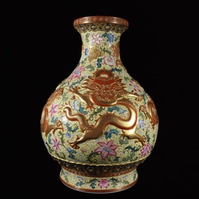 A Huge Famille-Rose Yellow Ground Carve Painted Gold Lotus Dragon Pattern Vase