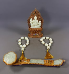 A Set of Fine White Jade Cover with Gold Ornaments(Ruyi,a Pair of Bracelets,Buddha Statue),Inlaid