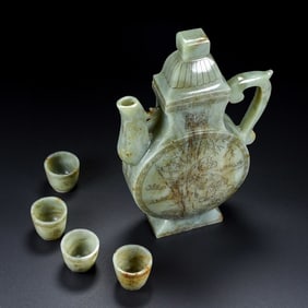 A Set of Exquisite White Jade Figure Pattern Teapots