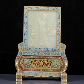 An Exquisite Cloisonne Inlaid White Jade Figure Pattern Table Screen