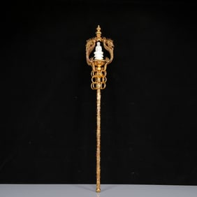 A Huge Gilt Inlaid White Jade Buddha Statue Dragon Pattern walking stick,Inlaid Gems
