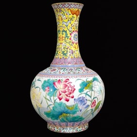 A Precious Yellow Ground Famille-Rose Flower and Bird Pattern Painted Gold Vase