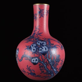 A Huge Ruby Red-Ground Blue and White Peach Pattern Vase