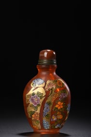 An Exquisite Glass Painted Enamel Painted Gold Flower and Crane Pattern Snuff Bottle