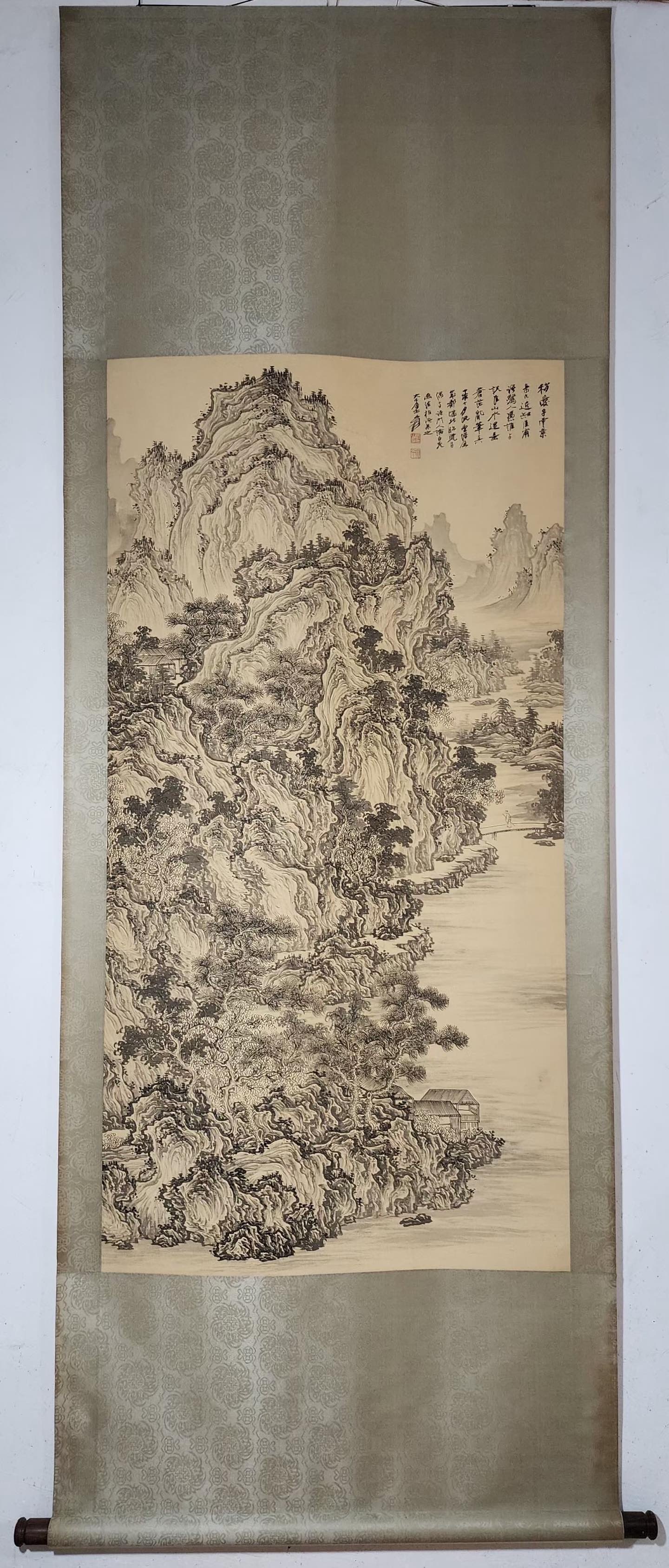 A Chinese Vertical Scroll Ink Painting of Landscape and Figure on Silk,Zhang Daqian (1 of 9)