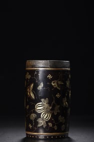 An Exquisite Bamboo Black Lacquer Butterfly Pattern Brush Pot