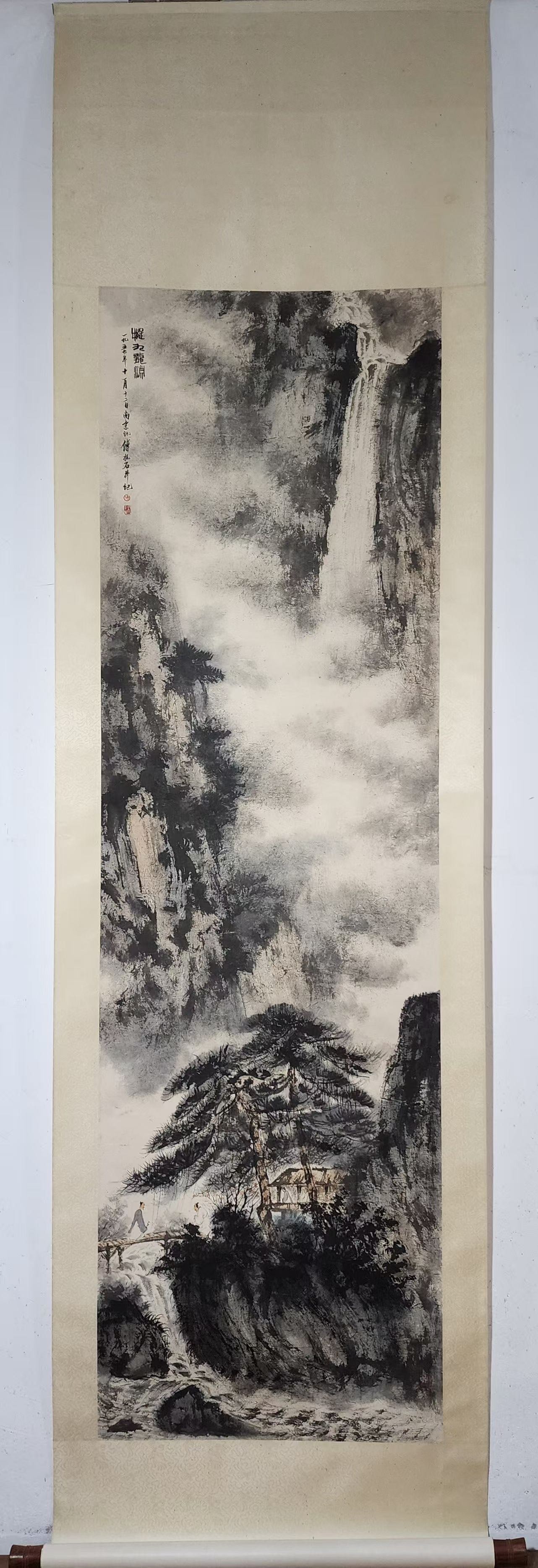 A Chinese Vertical Scroll Ink Painting of Landscape and Figure on Paper,Fu Baoshi: A Chinese Vertical Scroll Ink Painting of Landscape and Figure on Paper,Fu Baoshi,Without frame Size:70.9inx21.1in 一幅中国水墨山水人