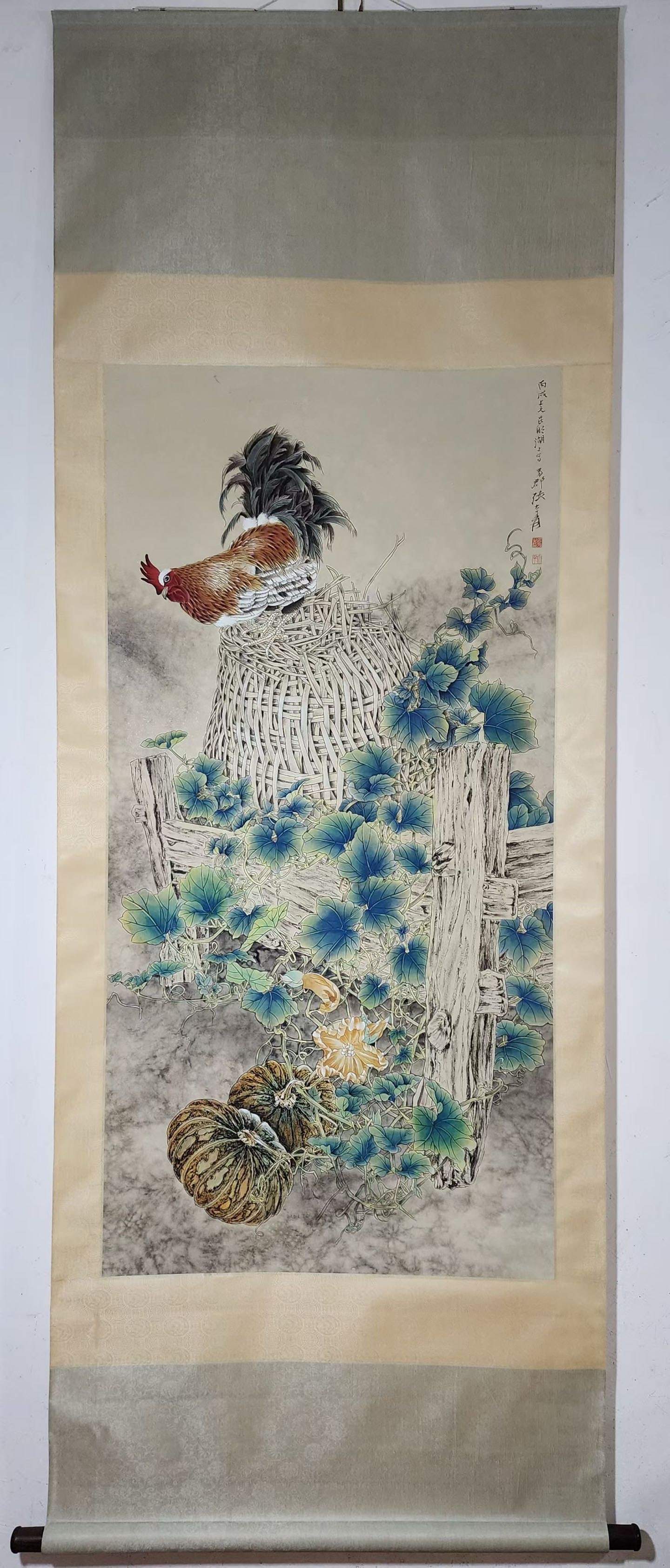 A Chinese Vertical Scroll Ink Painting of Rooster and Pumpkin on Paper,Zhang Daqian: A Chinese Vertical Scroll Ink Painting of Rooster and Pumpkin on Paper,Zhang Daqian,Without frame Size:53.5inx26.8in 一幅中国水墨公鸡南瓜