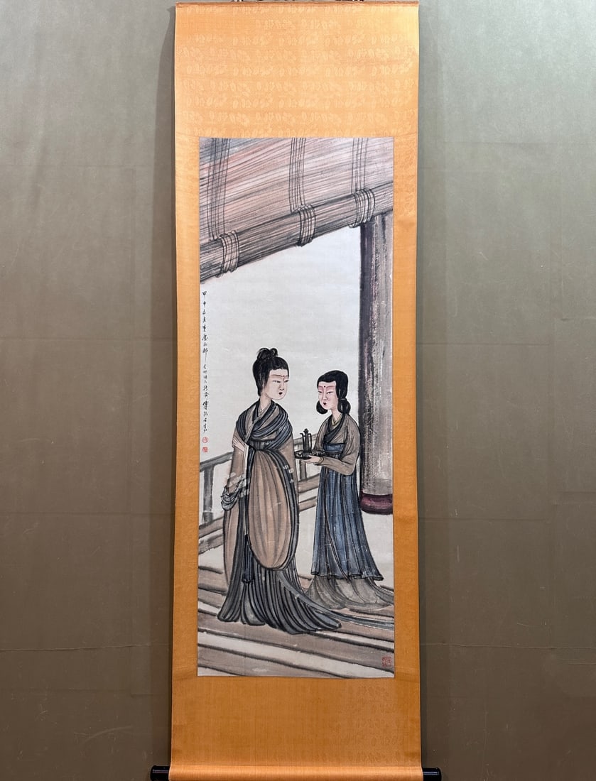 A Chinese Vertical Scroll Ink Painting of Figure on Paper,Fu Baoshi: A Chinese Vertical Scroll Ink Painting of Figure on Paper,Fu Baoshi ,Size:22inx61in 一幅中国水墨人物画立轴,傅抱石