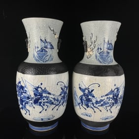 A Pair of Huge Ancient Bronze Glazed Blue and White Character and Story Pattern Vases