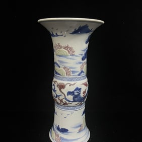 A Rare Blue and White Famille-Rose Landscape,Auspicious Cloud and Dragon Pattern Vase
