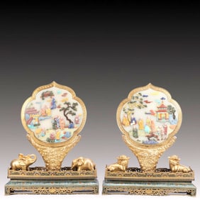 A Pair of Rare Cloisonne Inlaid Gems Arhat Pattern Table Screens,with poem