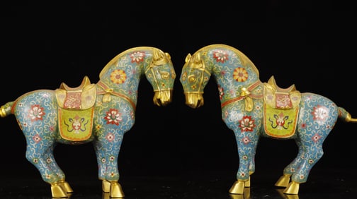 A Pair of Huge Cloisonne Lotus Pattern Horse Ornaments