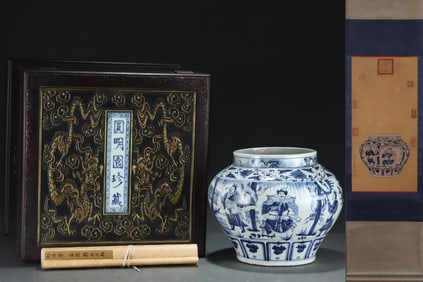 A Rare Blue and White Lotus,Character and Story Pattern Jar,With Vertical Scroll Painting on Silk