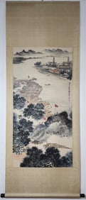 A Chinese Vertical Scroll Ink Painting of Landscape and Figure on Paper,Qian Songyan