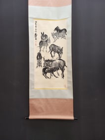 A Chinese Vertical Scroll Ink Painting of Donkey on Paper,Huang Zhou