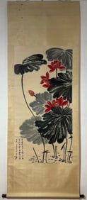 A Chinese Vertical Scroll Ink Painting of Lotus on Paper,Zhang Daqian