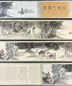 A Chinese Hand Scroll Ink Painting of Landscape and Figure on Paper,Fu Baoshi