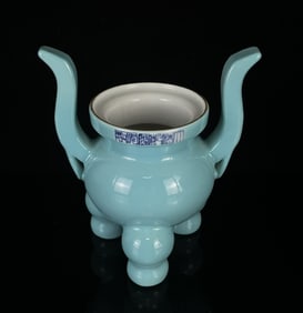 An Exquisite Celadon Glazed Painted Gold Double-Ears and Tripod Censer