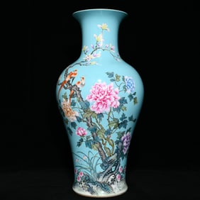 A Huge Turquoise Glazed Famille-Rose Painted Gold Flower and Bird Pattern Vase,With Poem
