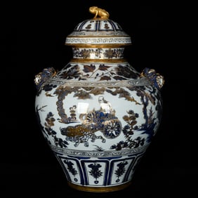 A Huge Blue and White Painted Gold Character and Story Pattern Beast-Ears Cover Jar
