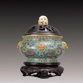 An Archaic Cloisonne Dragon Pattern Beast-Ears Censer,with Zitanwood Inlaid White Jade Cover