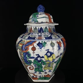 A Huge Wucai Character and Story Pattern Cover Jar