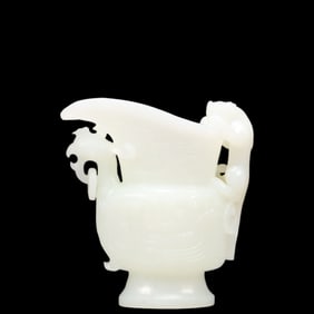An Exquisite White Jade Dragon and Phoenix Pattern Animal-Ears Goblet