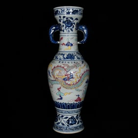 A Huge Blue and White Wucai Auspicious Cloud and Dragon Pattern Elephant-Ears Vase