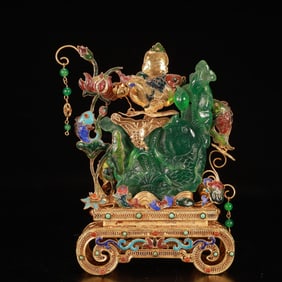 An Exquisite Silver Gilt Inlaid Jadeite Fish Ornament,Inlaid Gems