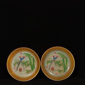 A Pair of Exquisite Ru yao Painted Gold Painted Color Flower and Bird Pattern Brush Washers
