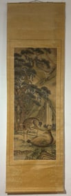 A Chinese Vertical Scroll Ink Painting of Pine and Deer on Silk,He Qingtai