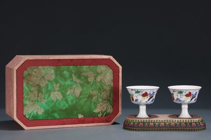 A Pair of Exquisite Doucai Character and Story Pattern Stem Cups