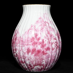 An Exquisite Agate Red-Glazed Painted Gold Landscape and Figure Pattern Vase,With Poem