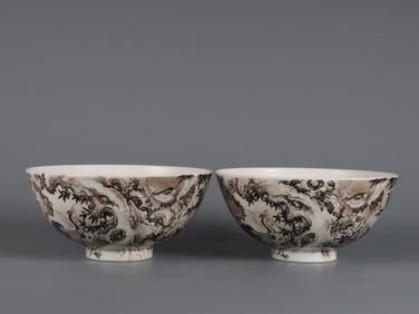 A Pair of Exquisite Ink Color Crane Pattern Bowls