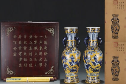 A Pair of Huge Yellow Ground Blue and White Lotus,Character and Story Pattern Elephant-Ears