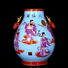 A Huge Enamel Painted Gold Auspicious Cloud and Figure Pattern Deer-Ears Vase