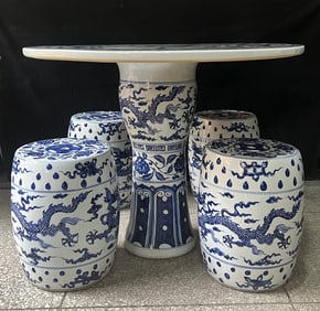 A Set of Huge Blue and White Auspicious Cloud and Dragon Pattern Table