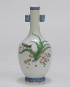 An Exquisite Blue and White Enamel Insect and Fruit Pattern Double-Ears Vase,With Poem