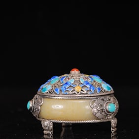 An Exquisite Silver Inlaid White Jade Figure Pattern Censer ,Inlaid Turquoise